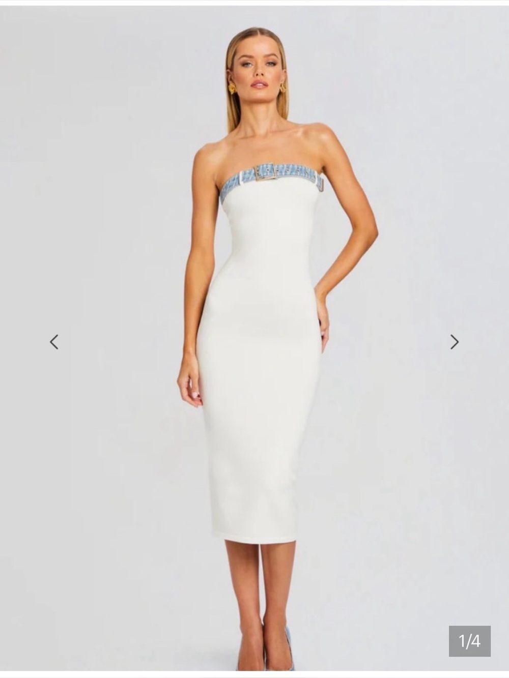 Seroya Blanche Strapless White Midi Dress with Blue Trim NWT; XS